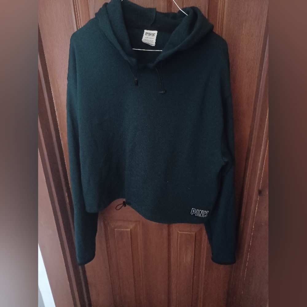 PINK Victoria's Secret Women's Dark Green Hoodie Sweater